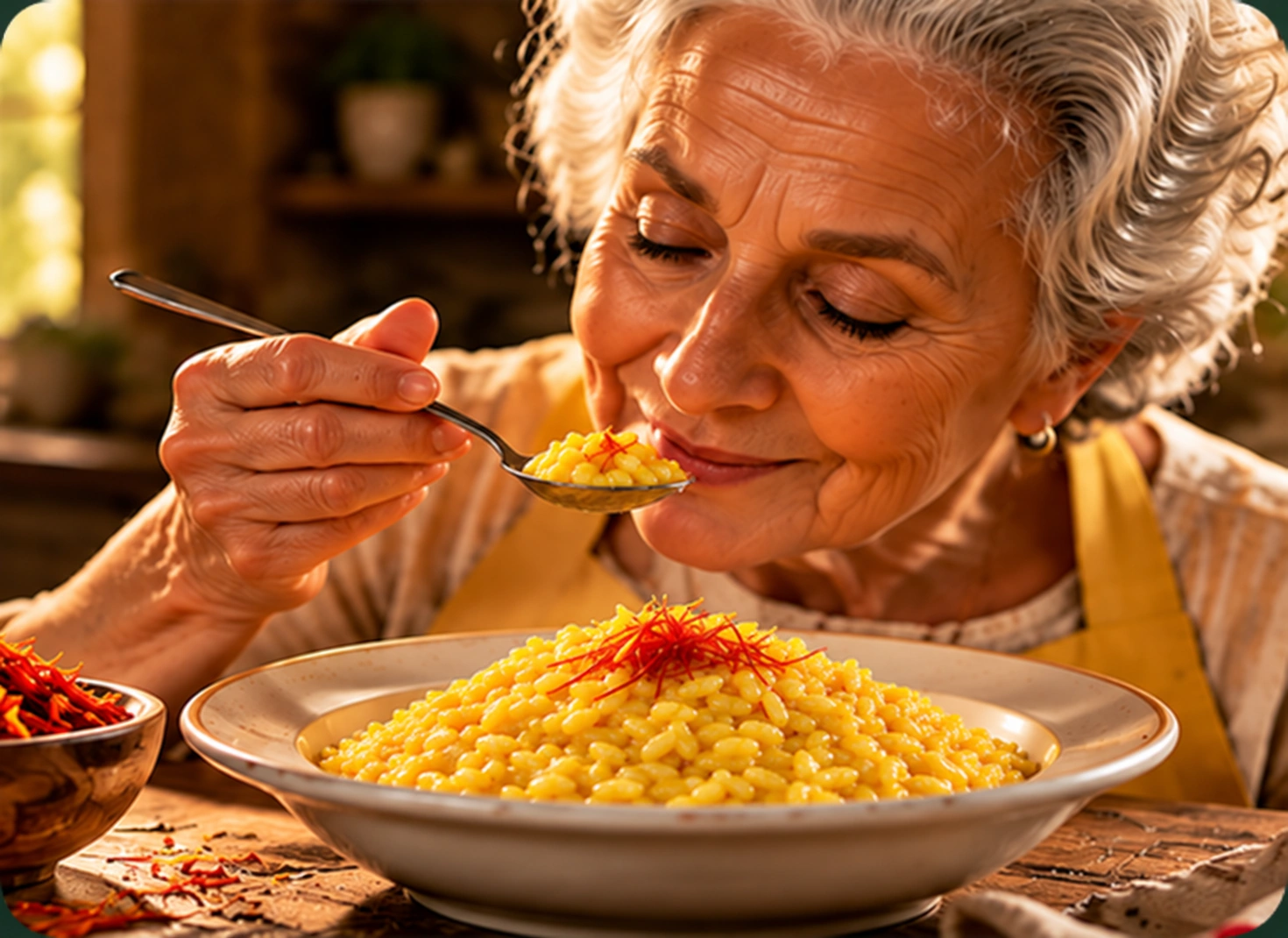 Cuoca assapora un risotto giallo al càrtamo