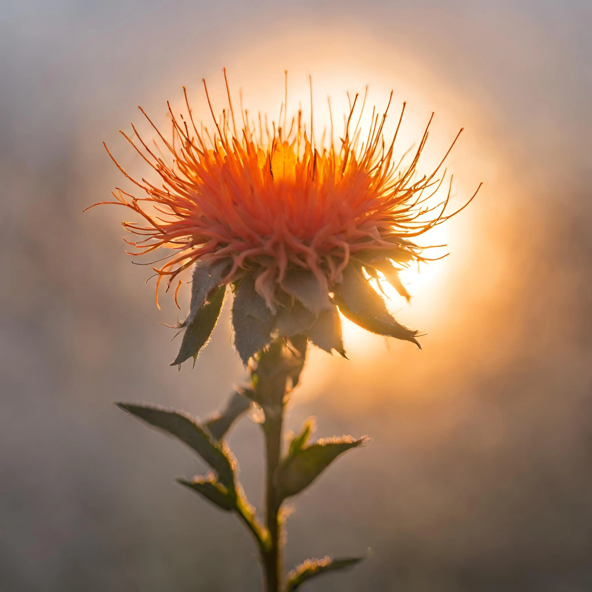 Fiore di càrtamo illuminato dal sole al tramonto