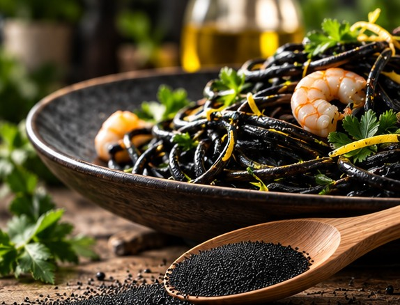 Preparazione al nero vegetale, granuli neri finissimi e pasta