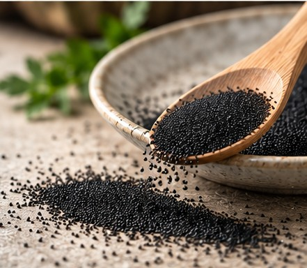 Granuli di carbone vegetale neri, tondi, molto piccoli, circa un millimetro