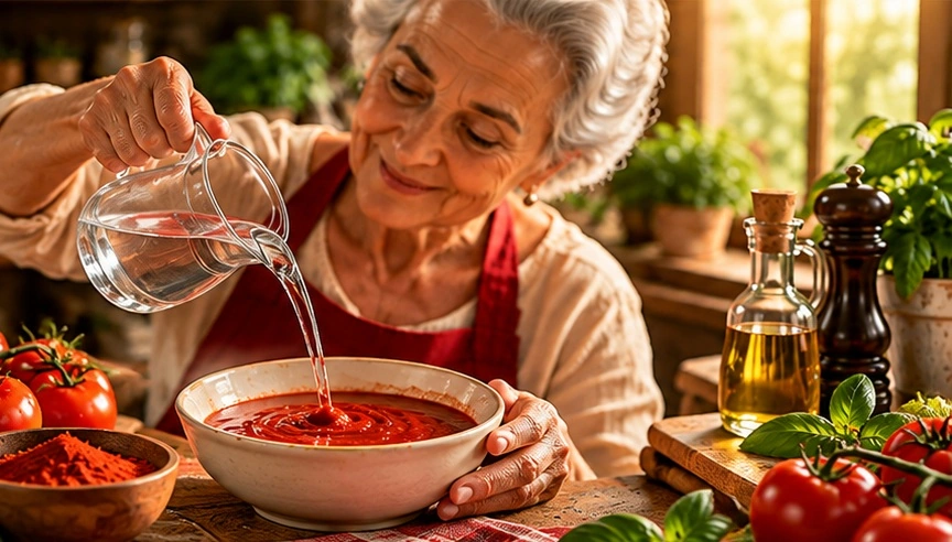 Cuoca versa acqua nella polvere di pomodoro per ottenere una passata densa