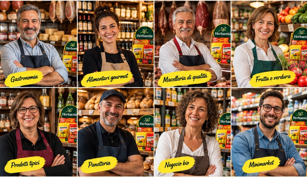 Collage illustrativo di otto negozianti sorridenti in gastronomie, macellerie, alimentari, panetterie e minimarket, con espositore Herbaenia sullo sfondo