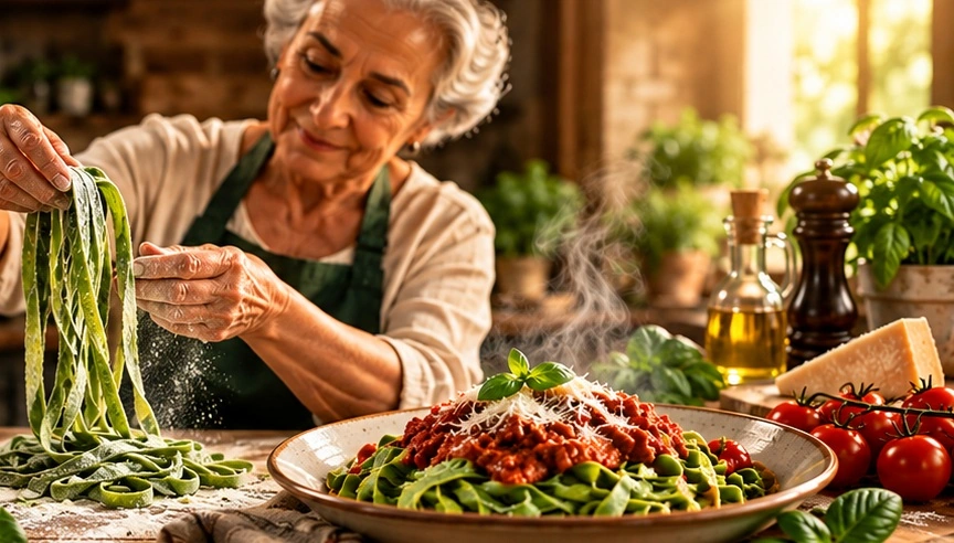 Cuoca prepara tagliatelle verdi, con piatto di pasta al ragù